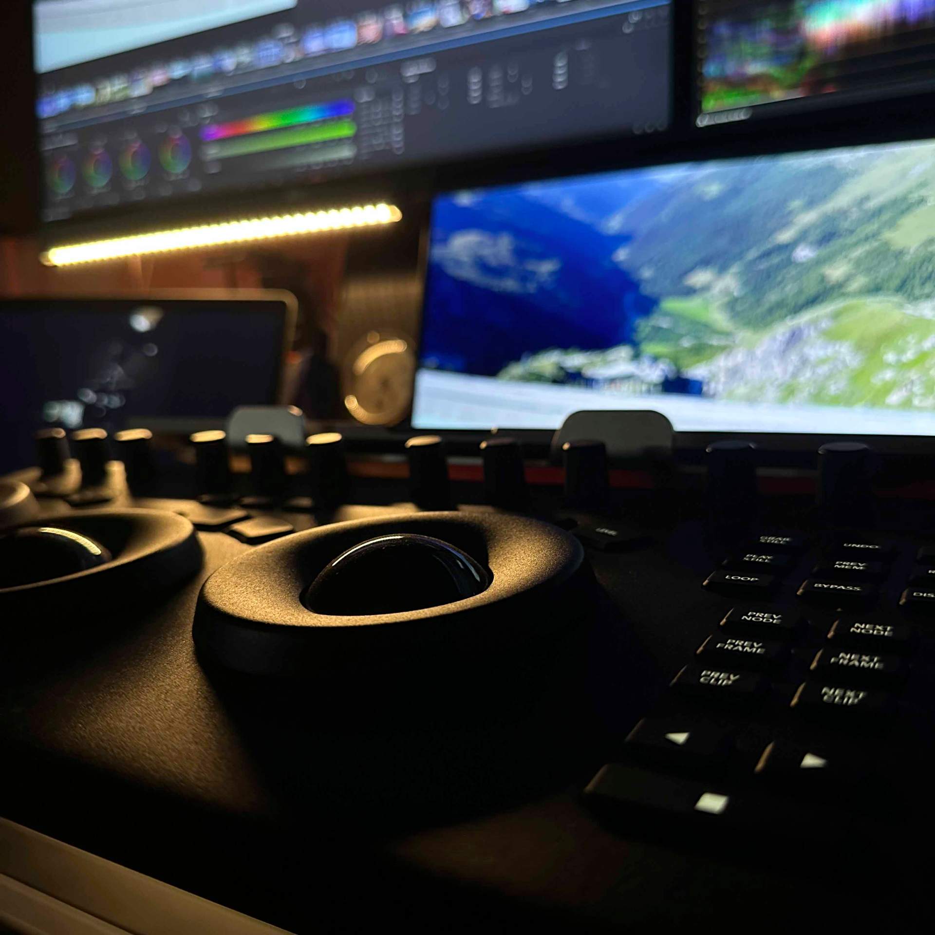 Console d'étalonnage colorimétrique avec écrans affichant des paysages et interfaces de grading
